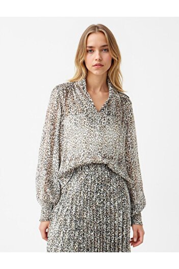 Jimmy Key Ecru V-Neck Long Sleeve Leopard Print Chiffon Blouse