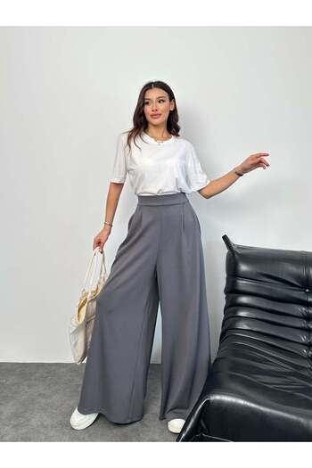 Hatun Atila Modal Fabric Wide Leg Palazzo Pants with Elastic Waistband and Battery Detail on the Back 8903 - Anthracite
