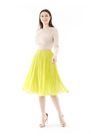Guzella Midi Length Polka Dot Pleated Chiffon Skirt