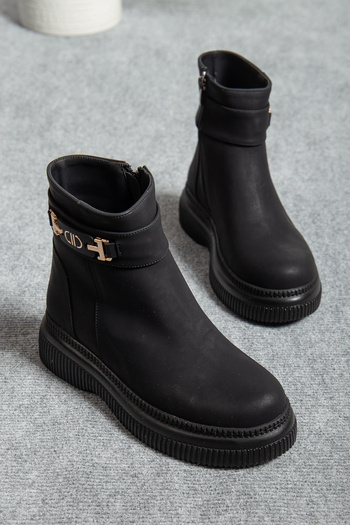 Mc vay Shoes Κομψό γυναικείο μποτάκι 002 με διπλή ριγέ πόρπη, αδιάβροχο σμαραγδένιο λεπτομερές φερμουάρ