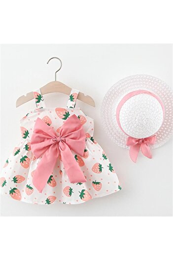 OEM Little girl's dress and hat, white with strawberries and pink bow, cotton, 2 - 3 years