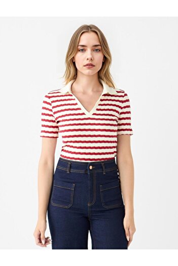 Jimmy Key Red Short Sleeve Shirt Collar Striped Knitted Blouse
