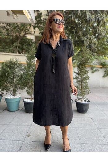 DenizEge V-Neck Muslin Dress Black