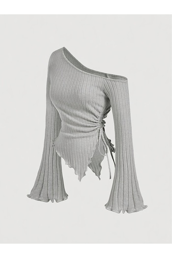 Wild Flower Women's Gray Asymmetrical One-Shoulder Knitwear Blouse – Spanish Sleeve, Drawstring Detail