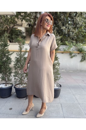 DenizEge V-Neck Muslin Dress Mink
