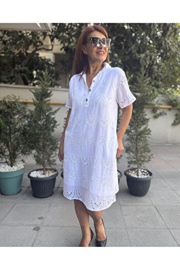 DenizEge Φόρεμα Brode με τρία κουμπιά γιακά σε μπλε ναυτικό