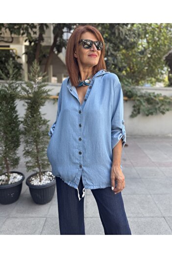 DenizEge Liyosel Back Embroidered Hooded Denim Shirt