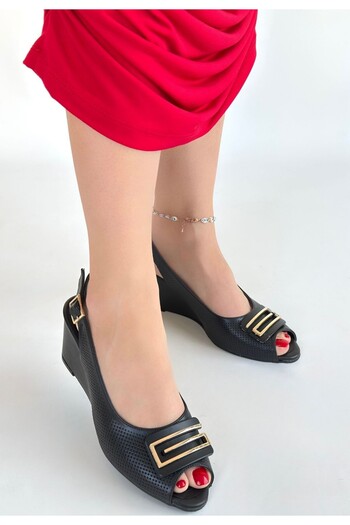 BESKAR Mamba Black Leather Wedge Heel Shoes