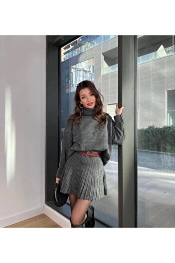 hiraz fashion Women's Anthracite High-Necked Knitwear Set with Skirt