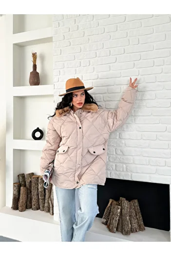 OTAKU Women's Winter Double Pocket Fur Collar Quilted Coat