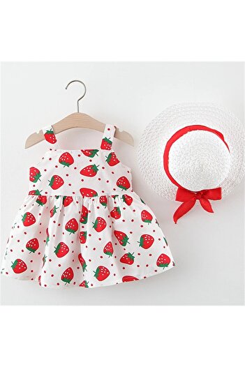 OEM Little Girl Dress with Hat, White with Strawberries and Red Bow, Cotton, 12-18 Months