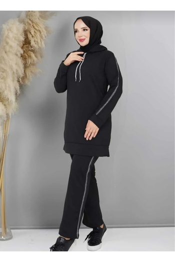 BUTİK AYVİTRİN Women's Hijab Hooded Sleeve Stripe Tracksuit Set