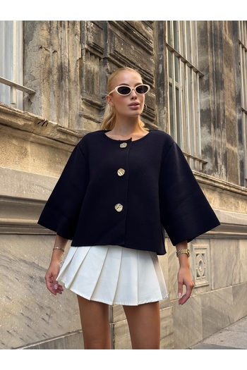 B2K FASHION Women's Navy Blue Poor Sleeve Gold Button Detailed Jacket Cardigan