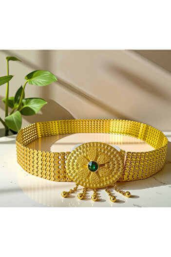 Jadem Gold Gold Plated Women's Bohemian Gold Metallic Belt with Turquoise Stones