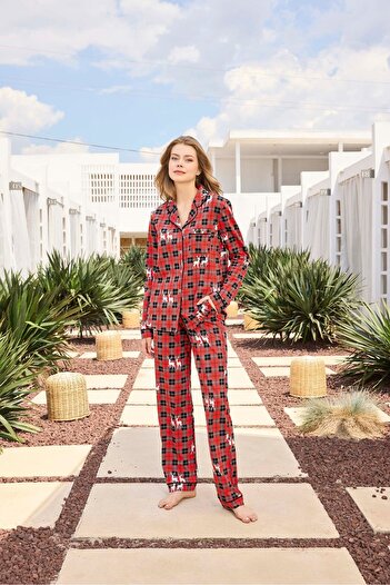 Aydoğan Lodos Store Women's V-Neck Long Sleeve Front Buttoned Cotton Pajamas Set New Year's Deer Pattern