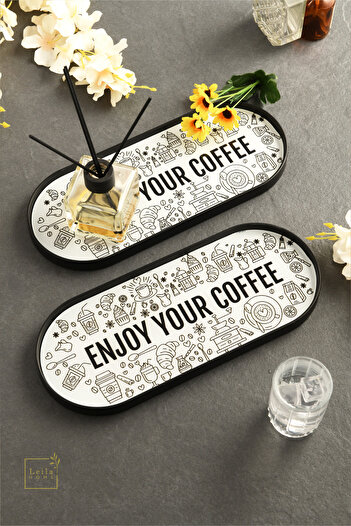 Leila Glass Presentation Tray with "Enjoy Your Coffee" Written on It - 2 Pieces 12X30 cm