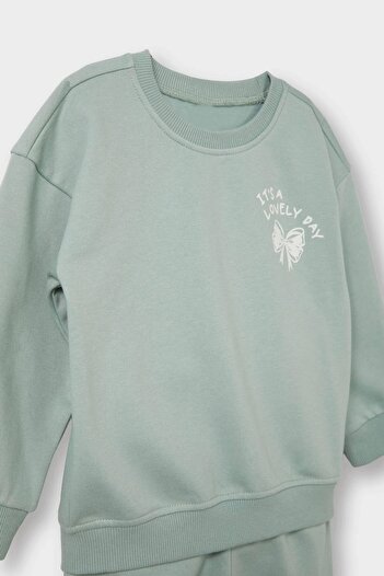 DeFacto E8995 Yeşil Kız Bebek 2'li Takım İçi Yumuşak Tüylü Baskılı Sweatshirt Eşofman Altı