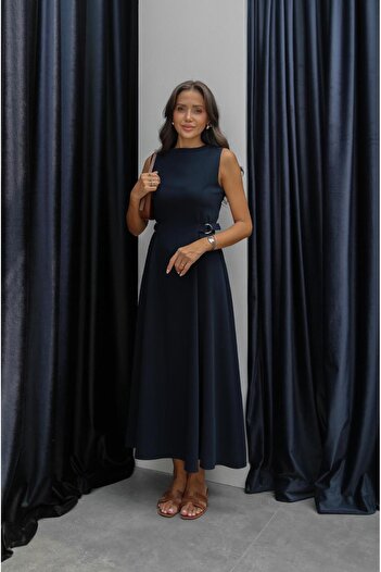 Havoş Navy Blue Patchwork Belt Detailed Dress