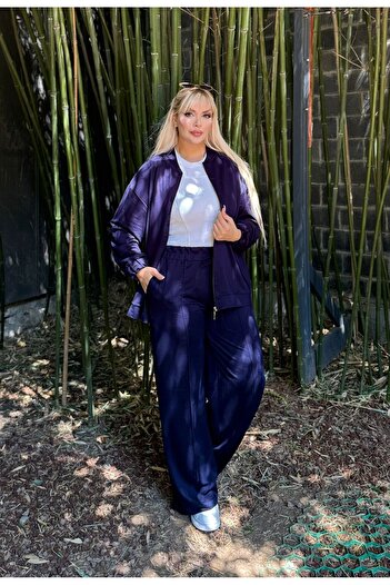 Butik Nilyam Women's Plus Size Flexible Judge Collar Cardigan and Sweatpants Set with Pockets 24901