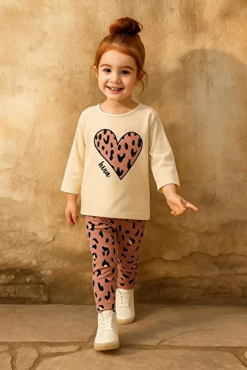 RONYPONY Girl's Leopard Print Double Set (Sweatshirt + Leggings) – Heart Patterned