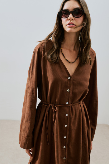 Manuka Textured Buttoned Long Tunic Brown