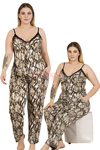 quilling Colorful and Patterned 11031 Adjustable Strap Sleeve Women's Plus Size Mom Pajamas Set