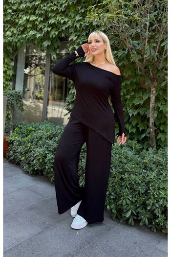 Butik Nilyam Women's Plus Size Boat Neck Asymmetrical Cut Finger Detail Blouse Flexible Pants Set 24903