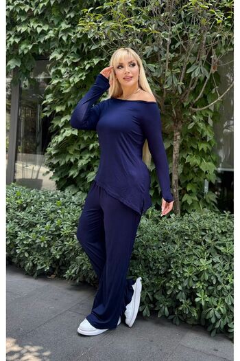 Butik Nilyam Women's Plus Size Boat Neck Asymmetrical Cut Finger Detail Blouse Flexible Pants Set 24903