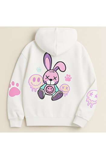 CLASSY.MODA Unisex Oversize 3-κλωνο φούτερ με κουκούλα 🐰 🐾   Φούτερ με κουκούλα με σχέδιο λαγουδάκι, καθημερινό άνετο στυλ streetwear