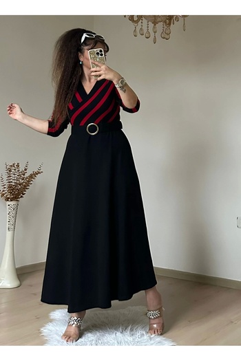 azra moda Red Striped Ring Belted Knitwear Dress