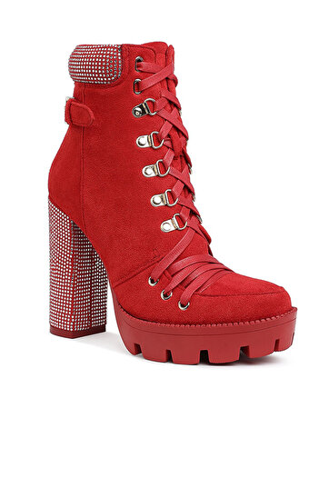london Rag Women Red Diamante Set Block Heeled Ankle Boot