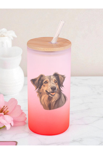 lili hediyelik Dog Printed 600 ml Glass Flask - Water Flask, Drinking Flask, Glass Flask with Glass Straw