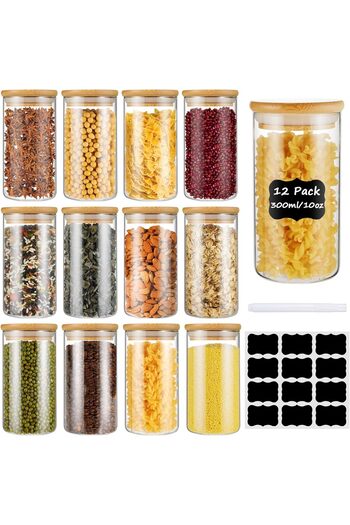 erorex Glass Jars Bamboo Lids,12 Pack Spice Jars Bamboo Lids,Glass Storage Jars,Glass Canisters Wood
