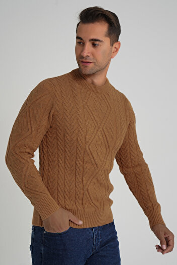 Trist Star Trist Star Men's Mustard Checked Hair Braided Cycling Collar Wool Sweater Trist-5347