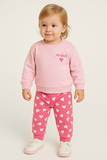ww waka waka kids store Girl's Heart Printed Tracksuit Set – Pink & Red & Salmon