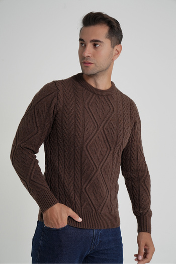 Trist Star Trist Star Men's Brown Baklava Patterned Hair Braided Cycling Collar Wool Sweater Trist-5347