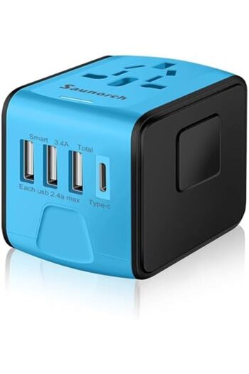 Generic محول طاقة سفر عالمي SAUNORCH مزود بمنفذ USB-A عالي السرعة 2.4 أمبير، وشاحن حائط USB-C 3.0 أمبير