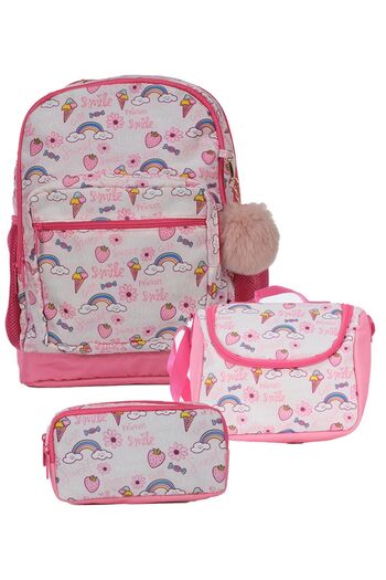 Pippa Girl's Three-Eyed Pink Elementary School Triple School Bag Set - Ice Cream and Rainbow - Ppset5310