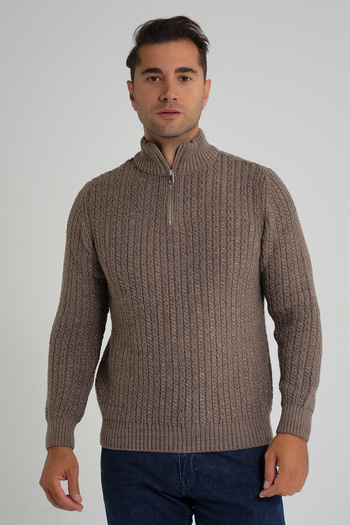 Trist Star Trist Star Men's Milk Coffee Short Zippered Selanik Hair Braided Standing Collar Wool Sweater Trist-5350
