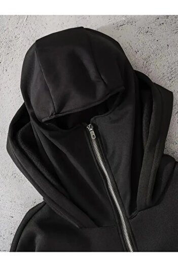 Touz Moda Oversized Zippered Black Unisex Hooded Cardigan with Mask Detail
