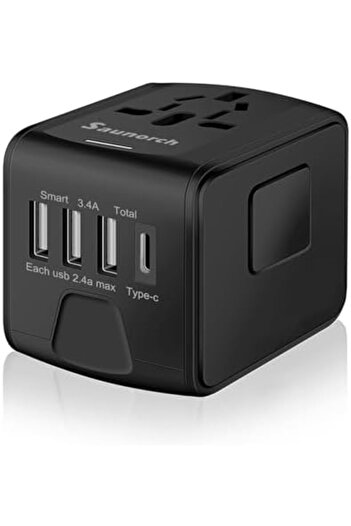 Generic محول طاقة سفر عالمي SAUNORCH مزود بمنفذ USB-A عالي السرعة 2.4 أمبير، وشاحن حائط USB-C 3.0 أمبير