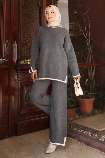 Modamihram Slit Detailed Knitwear Set Gray 6152