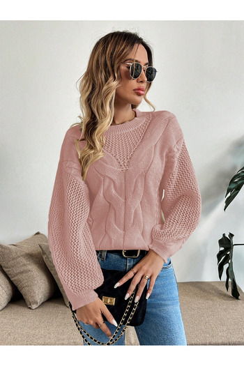 AQE FASHION Tricotaj pentru femei cu mâneci ajurate, cu model din plasă, cu gât cu decolteu, pulover, pudră
