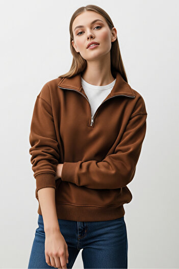 COMBİNE MİCHAİL Men's Half Zipper Loose Brown Sweatshirt