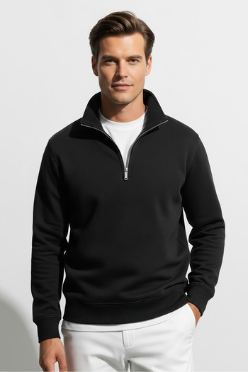COMBİNE MİCHAİL Men's Half Zipper Loose Black Sweatshirt