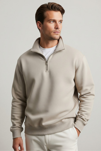 COMBİNE MİCHAİL Men's Half Zipper Loose Cream Sweatshirt