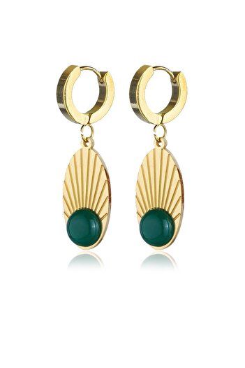 Klips Concept Green Stone Detail Hoop Steel Earrings