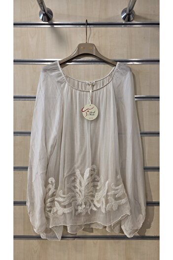 Park Moda Italian Silk Blouse with Sequin Detail and Embossed Design