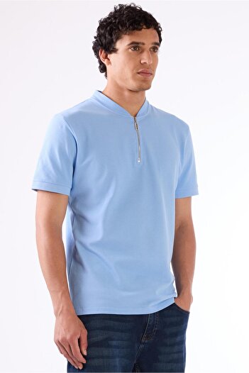 Dufy Blue Men's Slim Fit Patterned Polo Neck T-Shirt