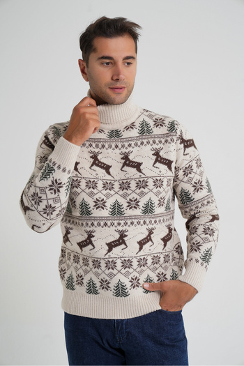 Trist Star Trist Star Men's Beige Full Fishman Collar Jacquard Deer Wool Christmas Sweater Trist-5361